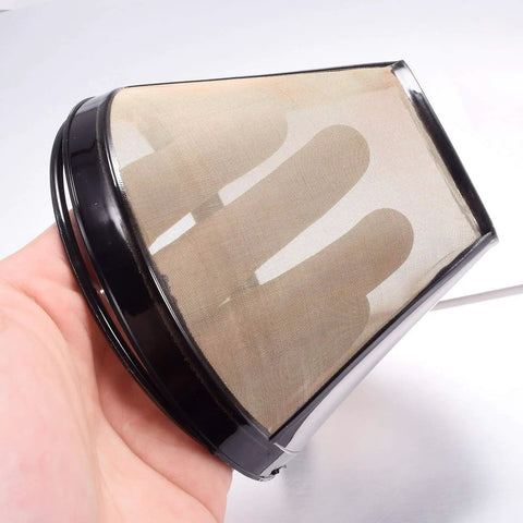Hand holding Reusable No 4 Cone Stainless Steel Coffee Filter Set 2 Pack For 8 To 12 Cup Brewers Permanent Basket Filters