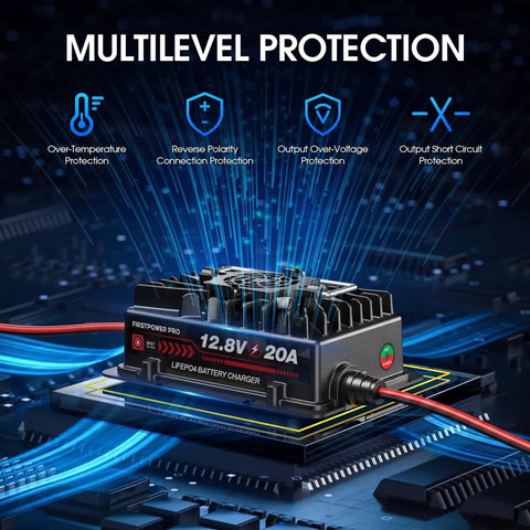 Heavy Hitter 12V 20A LiFePO4 Battery Charger showing multilevel protection features on a circuit board.