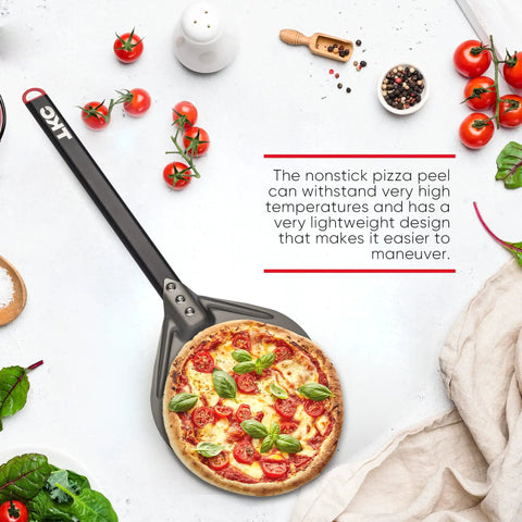 8 Inch Perforated Pizza Peel With Long Handle Aluminum Turning Peel holding a cooked pizza surrounded by fresh ingredients