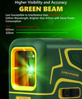 Close-up of cross line laser level emitting green beam with branding and specifications visible on device surface.