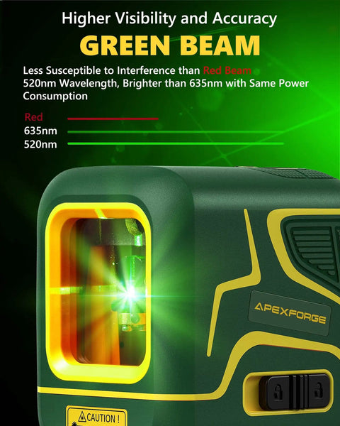 Close-up of cross line laser level emitting green beam with branding and specifications visible on device surface.
