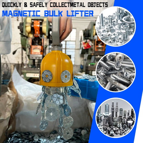 Powerful Magnetic Pickup Tool With Quick Release Lifter collecting metal parts in a workshop setting.