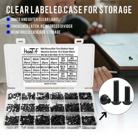 900 Pieces Torx Button Head Screws Set M2 M2.5 M3 Bolts Nuts Washers in transparent storage case with labels