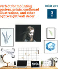 Wall display using Adhesive Picture Hangers 100 Pack With Clear Plastic Sawtooth Hangers For Foamboard, Photos, Posters, Maps And Art