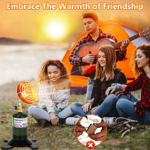 Portable Propane Heater For Camping And Outdoors With Cordless Control Valve heats people outside by a tent