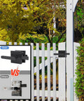 Rugged Matte Black Gate Latch With Double Sided Self-Locking Aluminum Gate Hardware affixed on white outdoor gate, showing rust resistance.