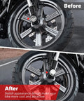 Chrome Front Axle Nut Covers for Harley added to motorcycle front wheel before and after installation showing clean look