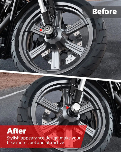 Chrome Front Axle Nut Covers for Harley added to motorcycle front wheel before and after installation showing clean look