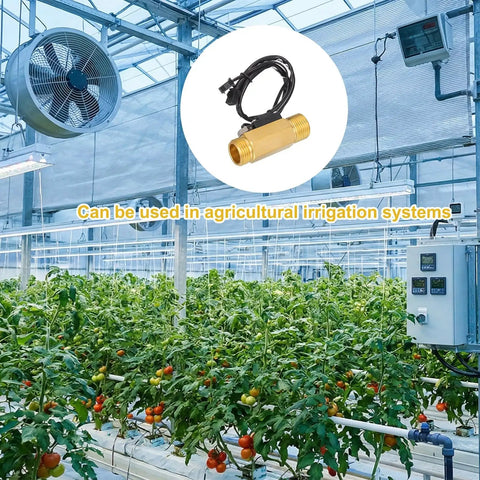 G One Half Inch Brass Hall Effect Water Flow Sensor With PTFE Tape For Heaters, Dispensers, Purifiers And Vending Machines shown in greenhouse