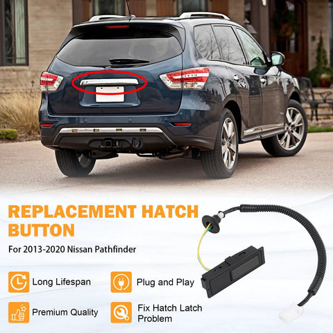 Nissan Pathfinder Hatch Button Trunk Latch Replacement Direct Fit For 2013-2020 Tailgate Release Switch Button Open Liftgate OEM Style 25380-3JA0B Easy Install with diagram showing part and usage on SUV