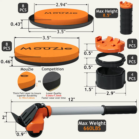 Heavy Duty Furniture Sliders and Mover Pad Set with Lifter Tool Lift Jack for Moving Heavy Appliances and Furniture Across Carpet Hardwood Floors and Tile 360 Degree Glide Pain Free One Person Moves, includes 16 sliders and lifting tool details.