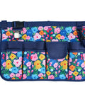 Bucket Caddy Organizer For Garden Tools Fits 3.5 To 5 Gallon Buckets with Blue Flower Design, front view with pockets