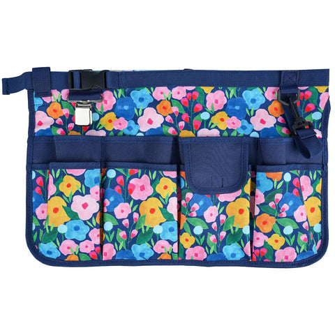 Bucket Caddy Organizer For Garden Tools Fits 3.5 To 5 Gallon Buckets with Blue Flower Design, front view with pockets
