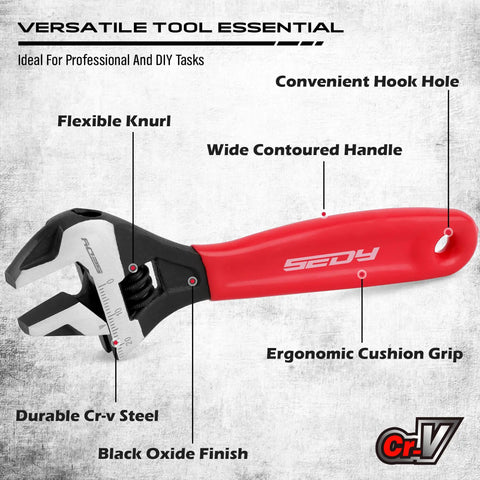 Rock Solid Six Inch Adjustable Wrench Forged From Heat Treated Chrome Vanadium Steel With Anti Slip Cushion Grip And Precision Metric Sae Scale Markings For Tradesmen Who Expect Zero Sweat Heavy Duty Tool Performance with ergonomic grip and durable black oxide finish.