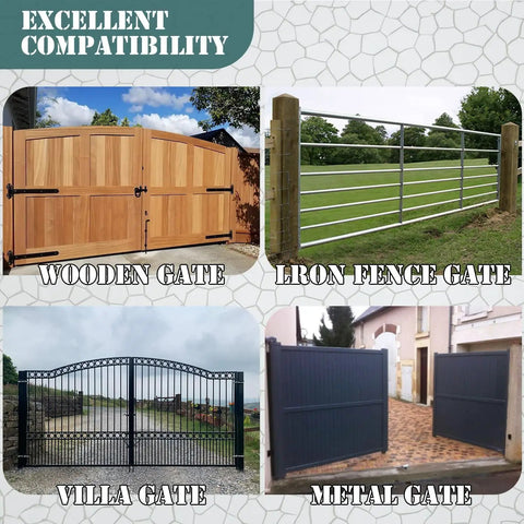 Tough As Nails Eight Inch Heavy Duty Gate Caster Featuring Built In Spring Loaded Swivel For Wooden Fences shown with various gate styles.