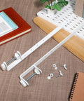 Adjustable White Iron Desk Lift Brackets, 2 Piece Set With Height Adjustable Design on workspace with accessories