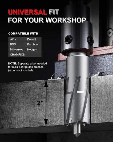 Heavy Duty TCT Annular Cutter 1 Inch Diameter With 2 Inch Depth Of Cut Magnetic Drill Bit Kit shown drilling into metal.