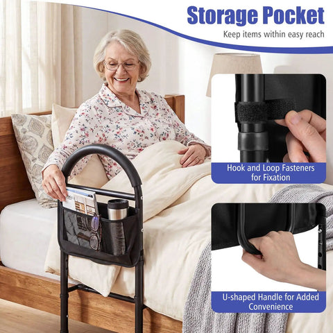 Bed Rail Guard For Elderly Safety, Adjustable Height Bed Side Assist Bar with Non-Slip Handle and Storage Pocket