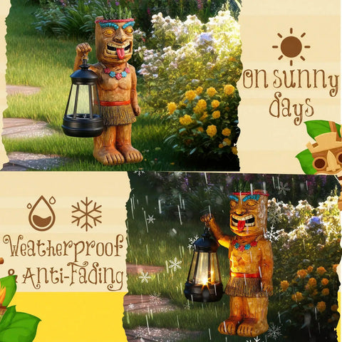 Solar Tiki Statue With Lantern For Outdoor Decor 9.84 Inch Tall Hand Painted Resin Tiki Figurine in sunny and rainy garden