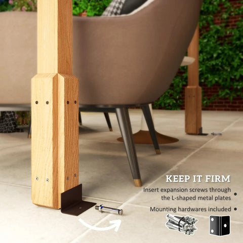 Close-up of concrete anchors securing a post for Six Point Six Foot By Six Point Six Foot Outdoor Pergola Kit with Built To Last Concrete Anchors And A Sturdy Frame Wood Gazebo Grape Trellis For Climbing Plants Hangout Ready Garden Patio Backyard Or Deck Dark Brown.