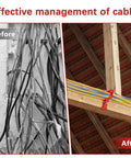 Before and after image showing 10 Pack Multi Cable Staples With Steel Nails, Non Metallic used for organizing wires.