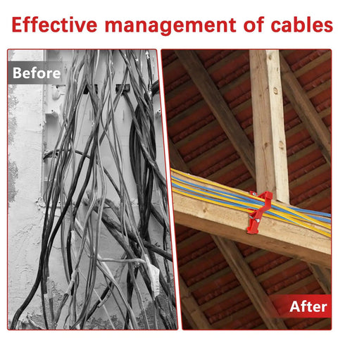 Before and after image showing 10 Pack Multi Cable Staples With Steel Nails, Non Metallic used for organizing wires.