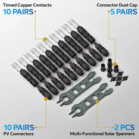 8AWG Solar Panel Connectors Built To Haul Big Power For PV Systems 1500V DC 70A Heavy Duty MC4 Compatible Cables, spanners, dust caps