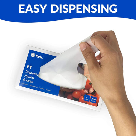 Hand removing a glove from package labeled 'Disposable Hybrid Gloves' with 'Easy Dispensing' text, 200-count box visible