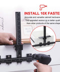 Pro Grade Cabinet Hardware Jig With Adjustable Template For Handles And Drawer Knobs Easy Install For Doors And Drawers Aluminum Alloy Precision Jig With CNC Tolerance Of 0.0002 Inch And 0.001 Inch Square Alignment being used to drill holes in a drawer