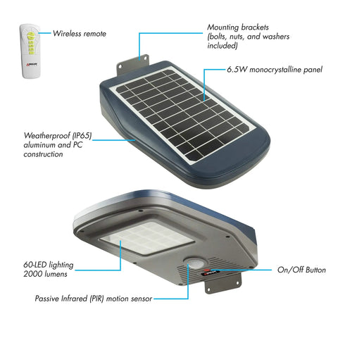 Diagram of 2000 Lumen Solar Street Light With Motion Sensor, Remote Control, showcasing components and materials