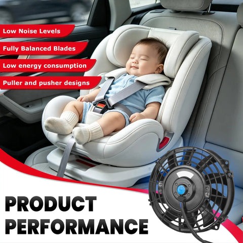Built Tough 12 Inch Black Universal Electric Radiator Fan Set Featuring Push Pull Design Plus Complete Mounting Kit For Mean Under Hood Cooling And Smooth Airflow Delivery in a car seat with a child.