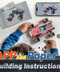 8 In 1 Electric Monster Truck Building Kit For Kids Ages 6 To 12 With 240 Pieces And Motor, DIY STEM Construction Toy Set For Boys And Girls, 8 Moving Models, Educational Science Kit For Christmas Birthday Gift. child assembling monster truck with paper and app instructions