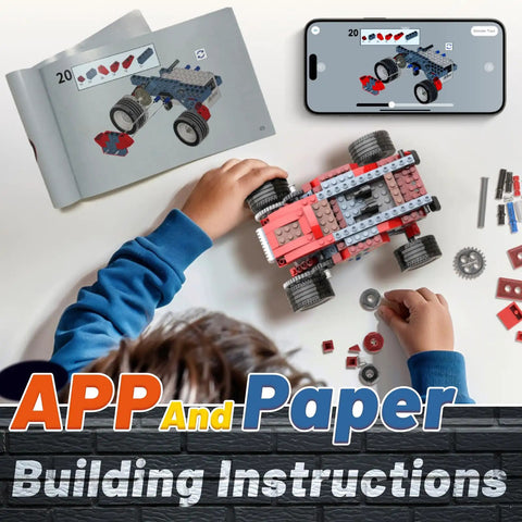 8 In 1 Electric Monster Truck Building Kit For Kids Ages 6 To 12 With 240 Pieces And Motor, DIY STEM Construction Toy Set For Boys And Girls, 8 Moving Models, Educational Science Kit For Christmas Birthday Gift. child assembling monster truck with paper and app instructions