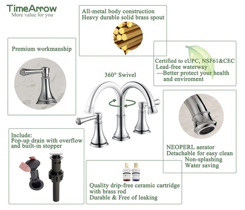 Diagram of Chrome Dope Two Handle 8 Inch Widespread Bathroom Sink Faucet With Pop Up Drain For 3 Holes High Arc Vanity Tap Brass