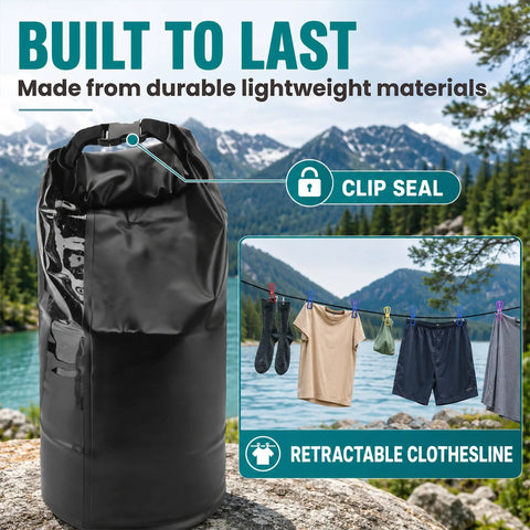 Grab And Go Portable Travel Washing Machine With Retractable Clothesline For Hotels Cruises And Camping Easy Manual Hand Wash Bag shown in outdoor setting with clothes hanging to dry.