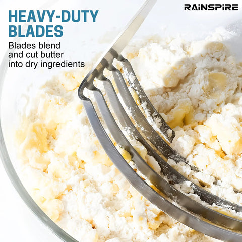 Close-up of Pro Grade Heavy Duty Pastry Blender With Stainless Steel Blades And Wire Dough Cutter blending flour and butter.