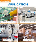 Collage of applications for Beefed Up Dual Air Gun Ionizing Tool 7KV Static Eliminator in electronics, lab, textile, and printing.