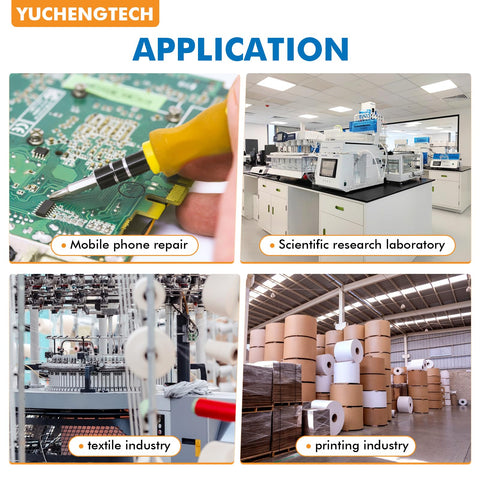 Collage of applications for Beefed Up Dual Air Gun Ionizing Tool 7KV Static Eliminator in electronics, lab, textile, and printing.