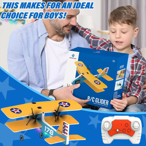 Father and son with Beginner Friendly RC Plane With 6 Axis Gyro Stabilizer And 2 4Ghz Remote, Includes 3 Batteries, 2 Channel RTF PT17 Toy Airplane, Super Easy To Fly For Kids Teens And Adults, Yellow in box, remote controller visible.