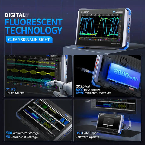 4-in-1 On-The-Go Handheld Oscilloscope With 350 MHz Bandwidth showcasing digital phosphor display and touchscreen features