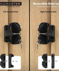 No Sweat Key Lockable Double Swinging Gate Latch Top Shelf Heavy Duty Fence Hardware For Outdoor Yards, showing reversible operation.