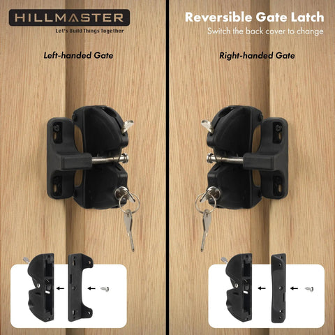 No Sweat Key Lockable Double Swinging Gate Latch Top Shelf Heavy Duty Fence Hardware For Outdoor Yards, showing reversible operation.
