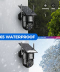 2K 360 Degree Solar Wireless Outdoor Security Camera with Color Night Vision, mounted in rain and snow conditions.