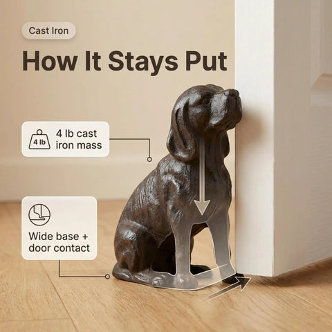 Hand Crafted Cast Iron Dog Door Stopper Antique Black Finish Sturdy 4 Lb Statue Sculpture holding door open