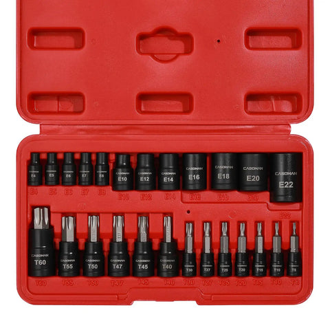 Heavy Duty Torx Bit Socket Set With 25 Pieces And External Sockets, Thirteen Star Bits T8 To T60 And Twelve Female ETorx Sockets E4 To E22