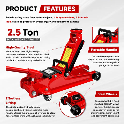Beefed Up 2.5 Ton Floor Jack With Low Profile Design, 5500 Lbs Capacity, Single Piston Pump, Heavy Duty Steel Hydraulic Jack For Cars Sedans Pickups MPVs, Lifting Range 3.4 To 15.2 Inches, Durable Powder Coated Steel. Red steel floor jack with handle and wheels, 2.5-ton capacity
