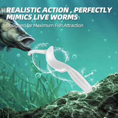 Curly Tail Worm Lures Soft Realistic Wavy Tail Bait Swimbaits For Saltwater And Freshwater Fishing Killer For Bass Trout Crappie And More 6 Inch White 20 Pack showcasing realistic action underwater.
