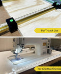 Two Pack One Half Inch Wide Self Adhesive Measuring Tape With 78 Inch Or 200 cm Length Peel And Stick Ruler Featuring Imperial And Metric Scales And Left Right Reading For Workbench Table Saw And Drafting Table White on a T-track and sewing table.
