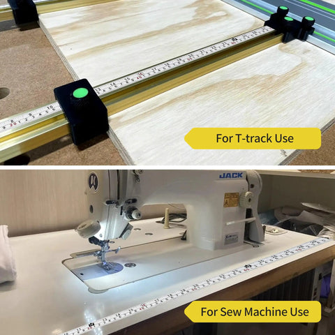 Two Pack One Half Inch Wide Self Adhesive Measuring Tape With 78 Inch Or 200 cm Length Peel And Stick Ruler Featuring Imperial And Metric Scales And Left Right Reading For Workbench Table Saw And Drafting Table White on a T-track and sewing table.