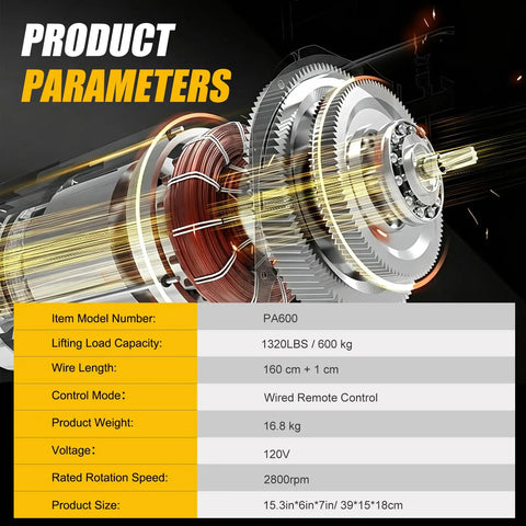 Close-up of the motor and specs of the 1320 Lbs Powerful Mini Electric Hoist With 1200W 110V Winch Crane and 40 Ft Steel Wire Rope.
